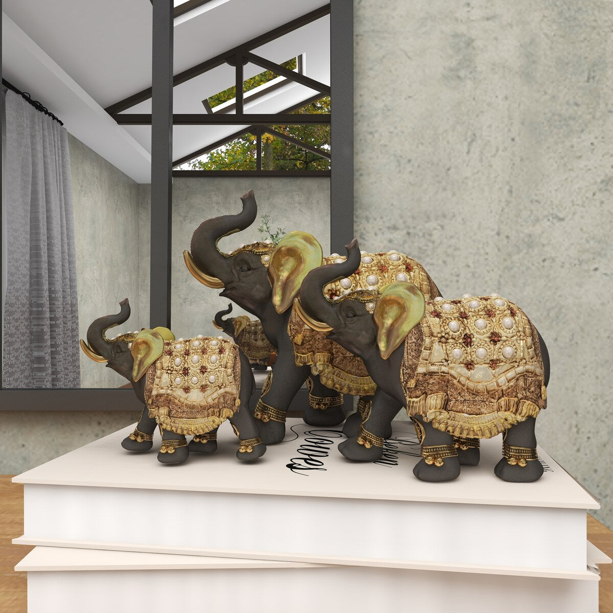 Polystone Elephant Handmade Decorative Sculpture with Ornate Dresswear and Pearl Accents - Set of 3 Gold - Roche River Decor