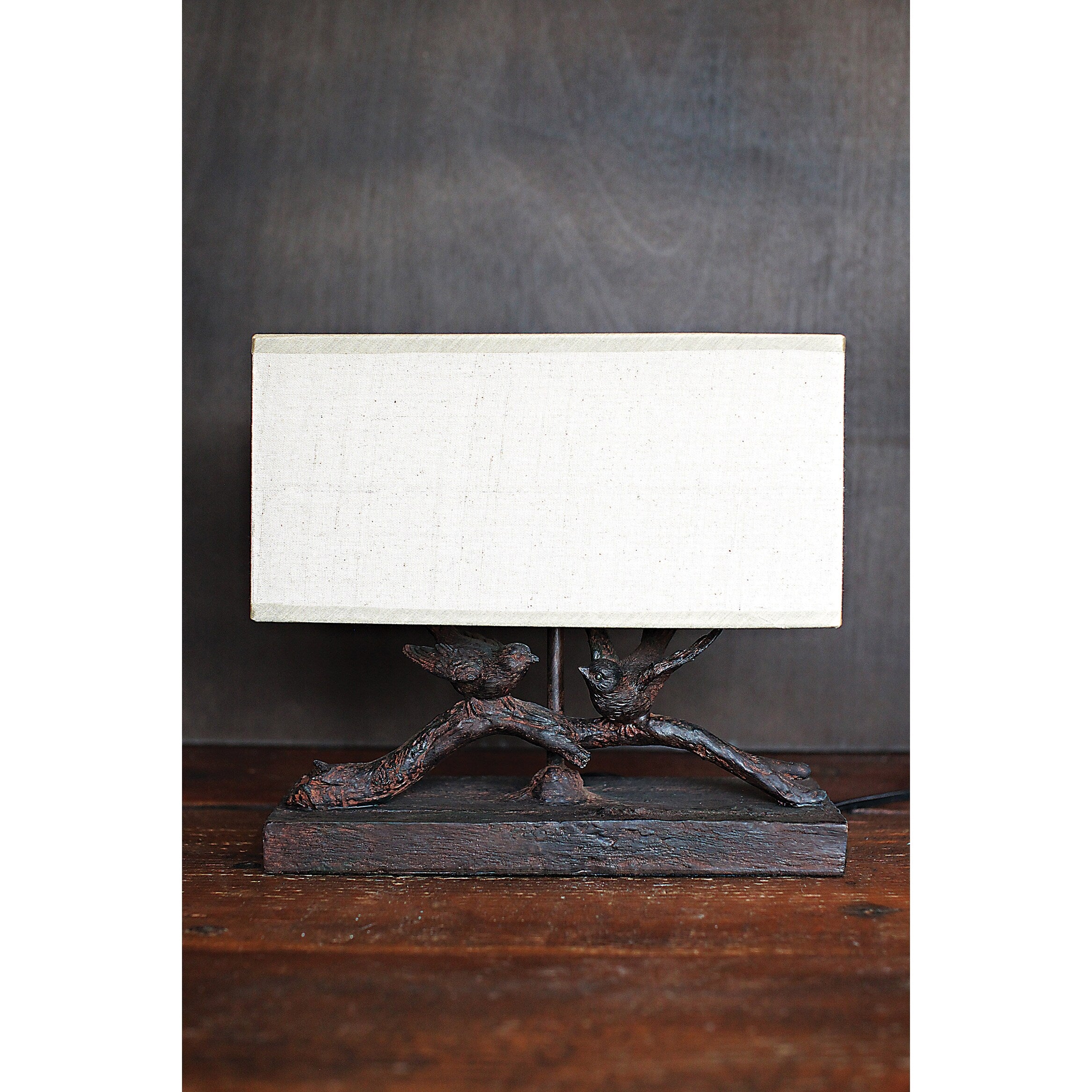 Rustic Birds-On-Branch Lamp with Rectangle Shade