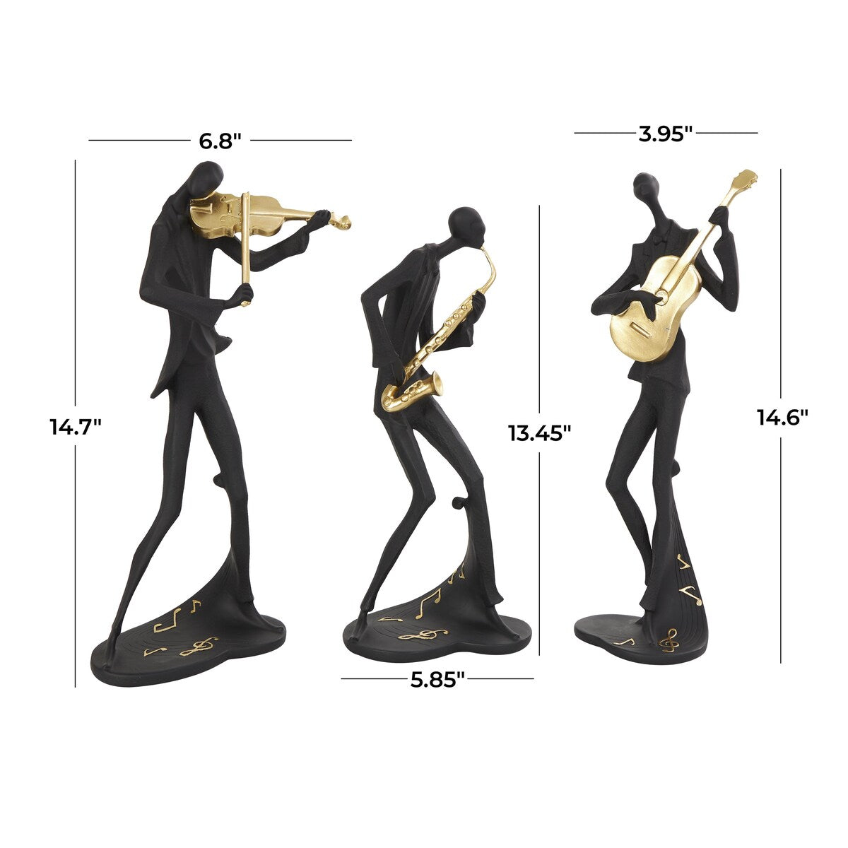 Polystone Musician Abstract Decorative Sculpture with Gold Instruments and Music Notes - Set of 3 Black - Roche River Decor