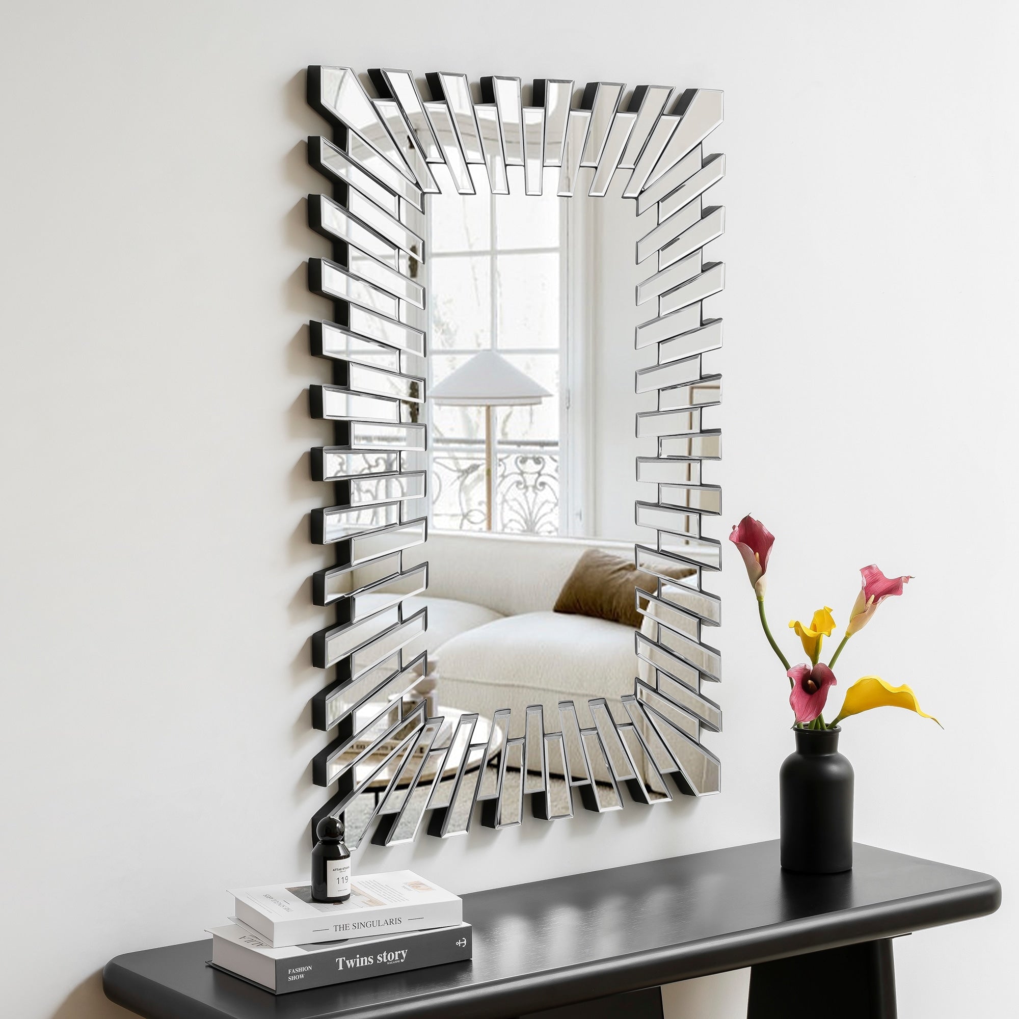 Rectangle Accent Wall Mirror Sunburst Silver Decor