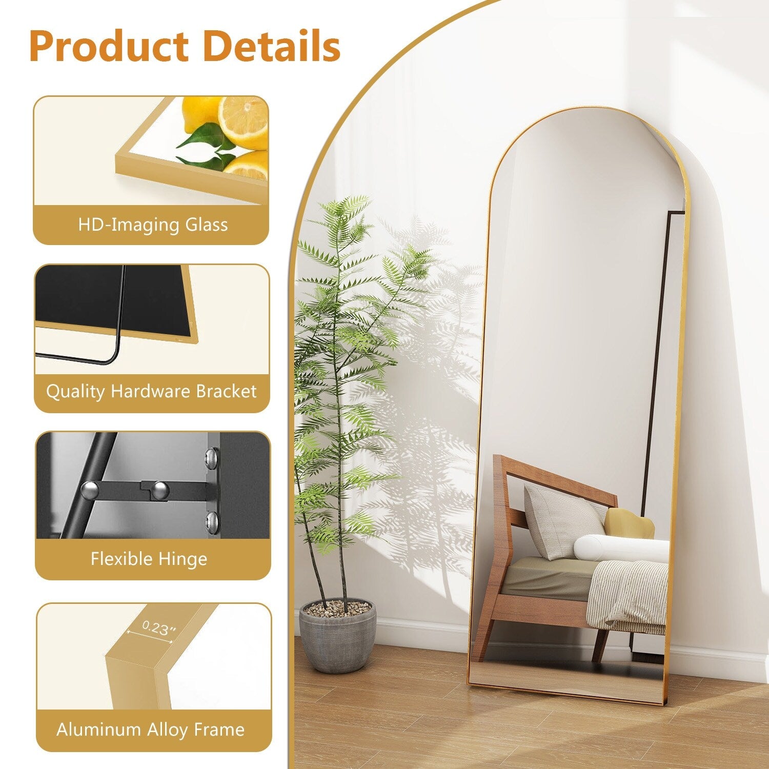 Full Length Arched Mirror with Shatter-Proof Glass & with Stand Aluminum Alloy Frame for Bedroom Cloakroom, Floor Standing