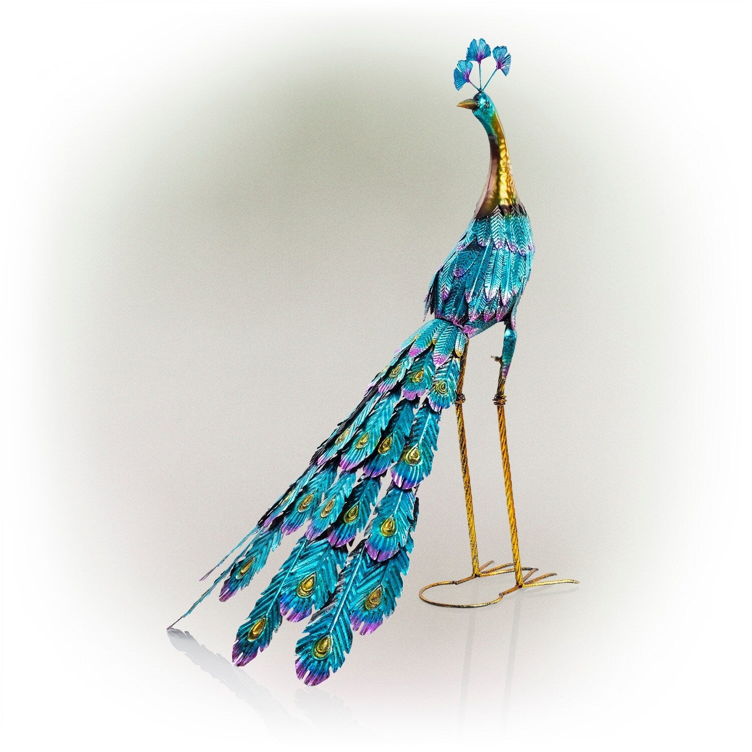 Alpine Corporation 23 Tall Outdoor Metallic Peacock Tail Spread Yard Statue Decoration, Multicolor