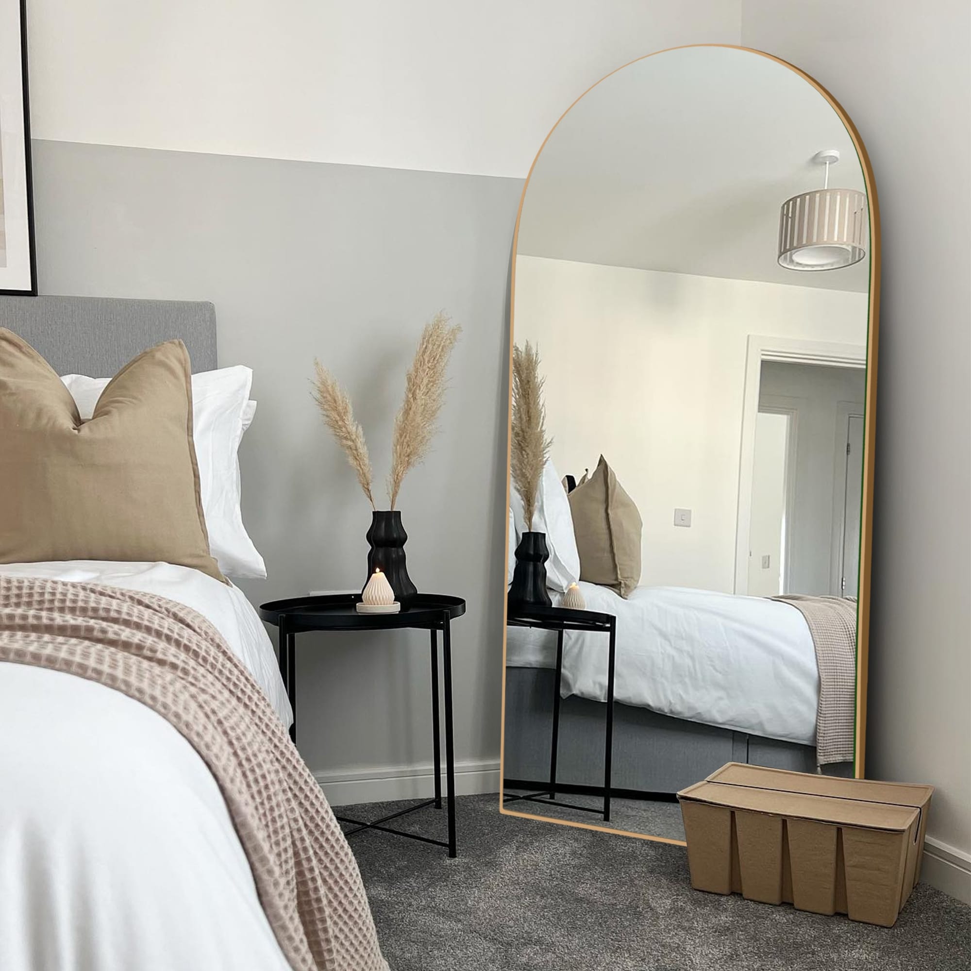 Classic Wood Arched Full Length Mirror with Stand, Floor Mirror