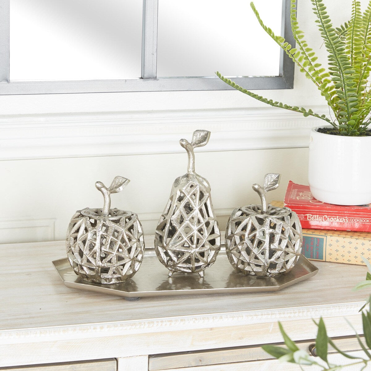 Aluminum Metal Fruit Decorative Cut-Out Decorative Sculpture with Platter - Silver - Roche River Decor