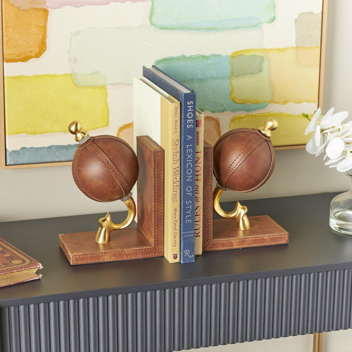 Leather Globe Handmade Stitched Decorative Bookends with Brown Wood Base - Set of 2 Brown - Roche River Decor