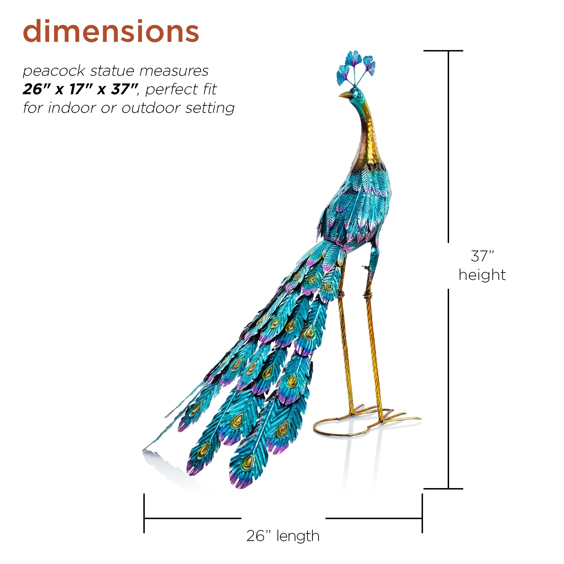 Alpine Corporation 23 Tall Outdoor Metallic Peacock Tail Spread Yard Statue Decoration, Multicolor