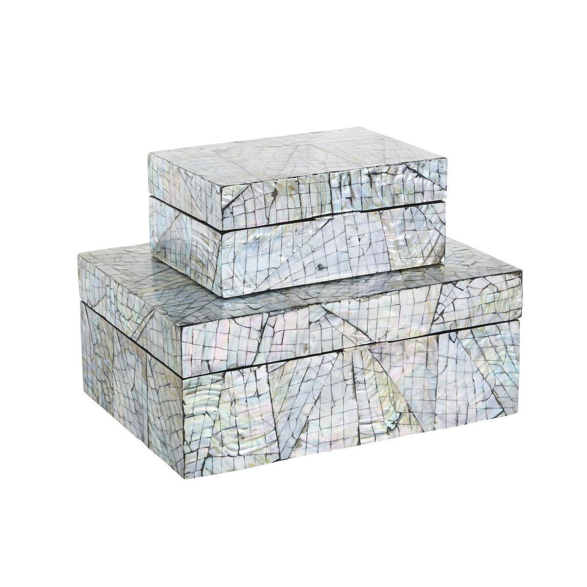 Mother of Pearl Shell Abstract Handmade Angular Mosaic Storage Decorative Box - Set of 2 Multi Colored - Roche River Decor