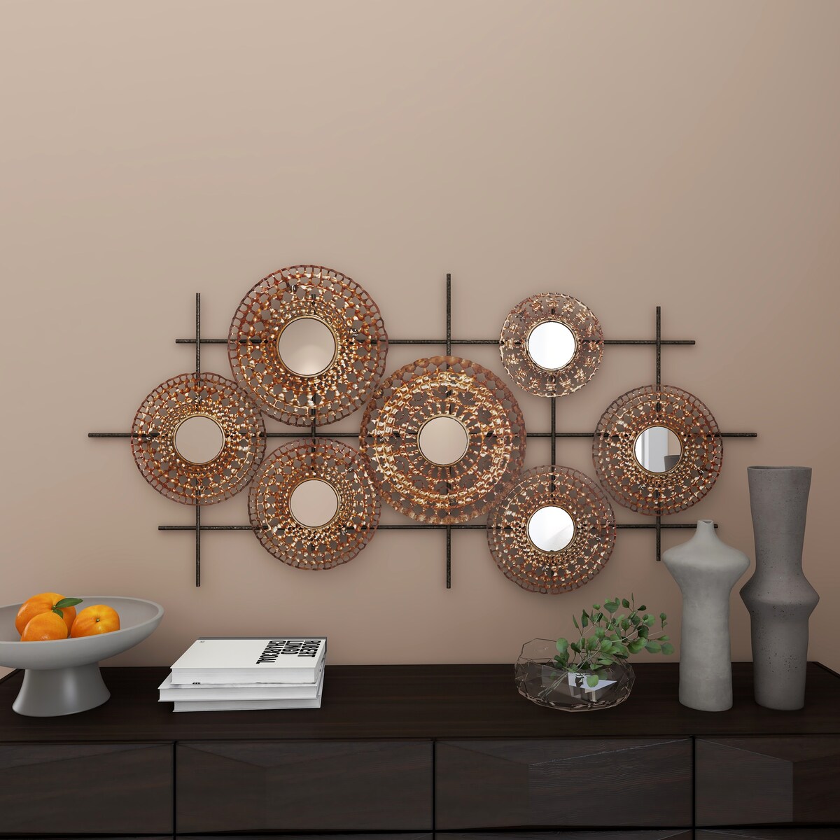 Metal Plate Home Wall Decor with Round Mirrored Accents - Brown - Roche River Decor