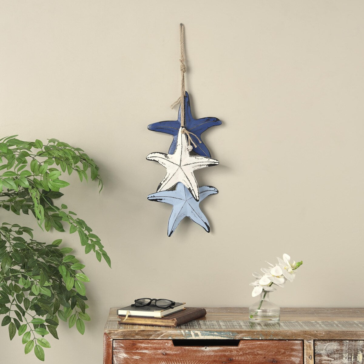 Wooden Starfish Distressed Layered Home Wall Decor with Hanging Rope and Decorative Shell Accents - Blue - Roche River Decor