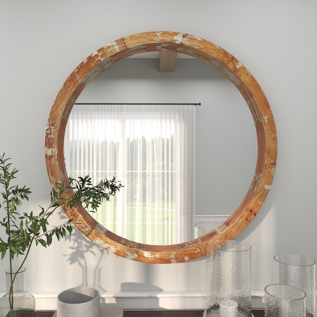 Wood Room Wall Mirror with Cream Distressing - Brown - Roche River Decor