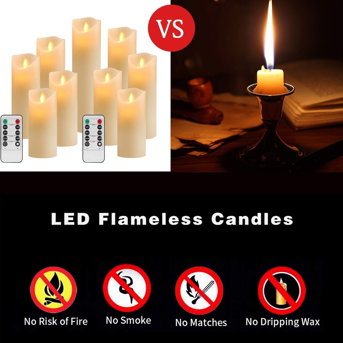 9-Piece Ivory LED Flameless Pillar Candle Set with Remote & 24h Timer