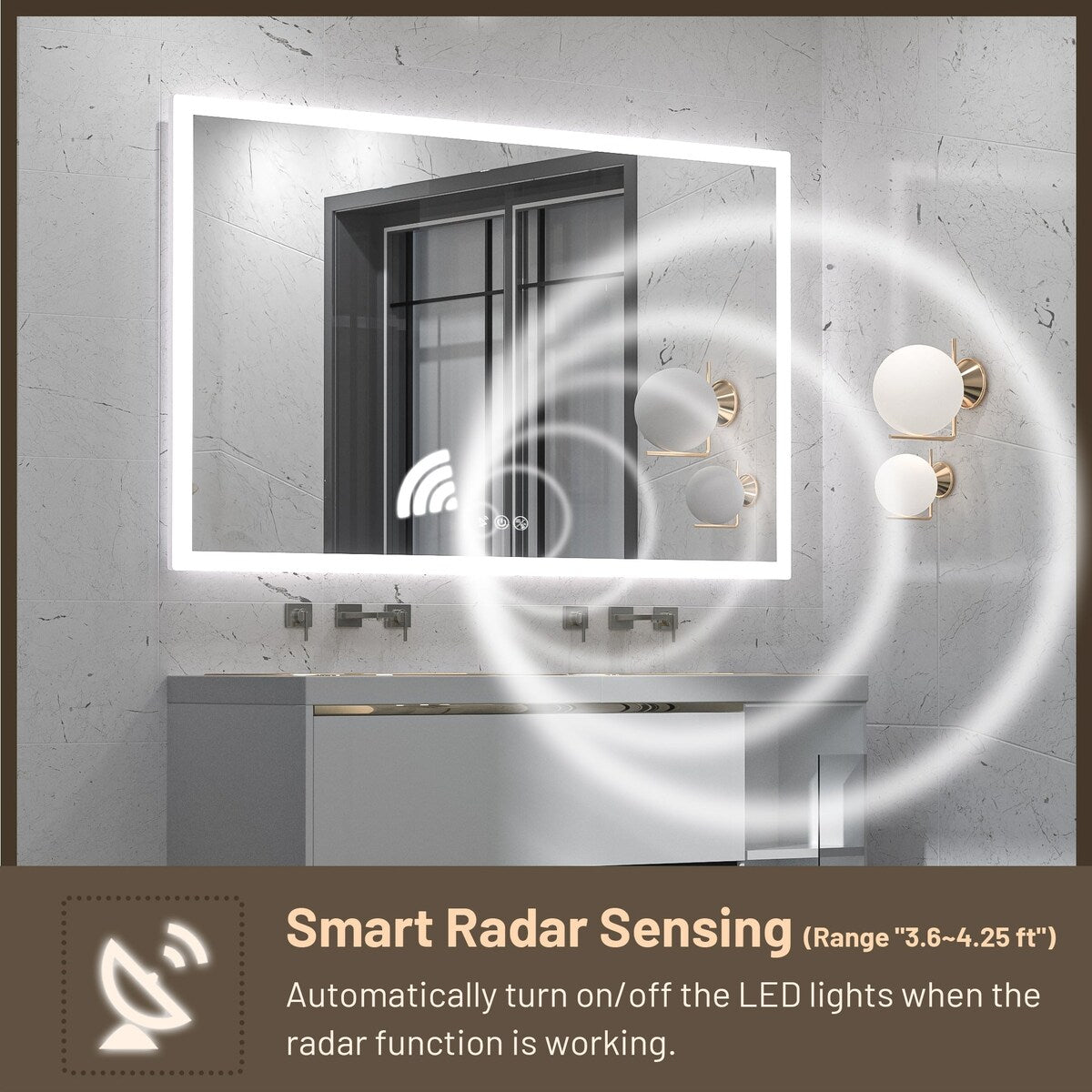 Keonjinn Smart LED Frontlit & Backlit Bathroom Vanity Wall Mirror, 3 Colors, Acrylic Edge, Anti Fog, Radar Sensor, Dimmable