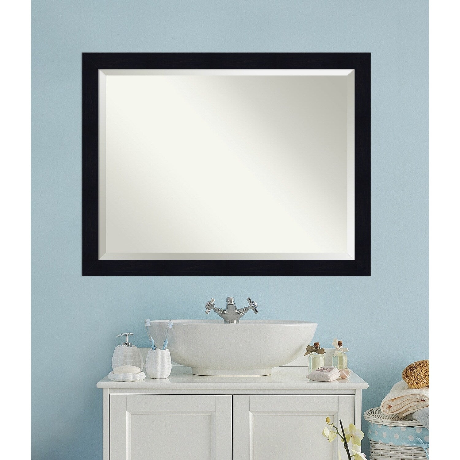 Beveled Wood Bathroom Wall Mirror - Shiplap Navy Frame