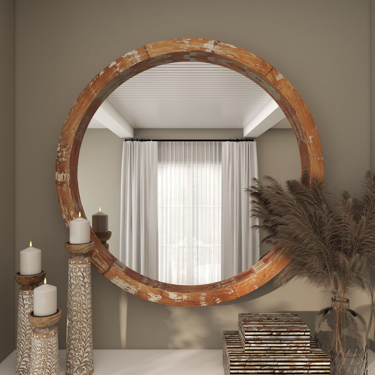 Wood Room Wall Mirror with Cream Distressing - Brown - Roche River Decor