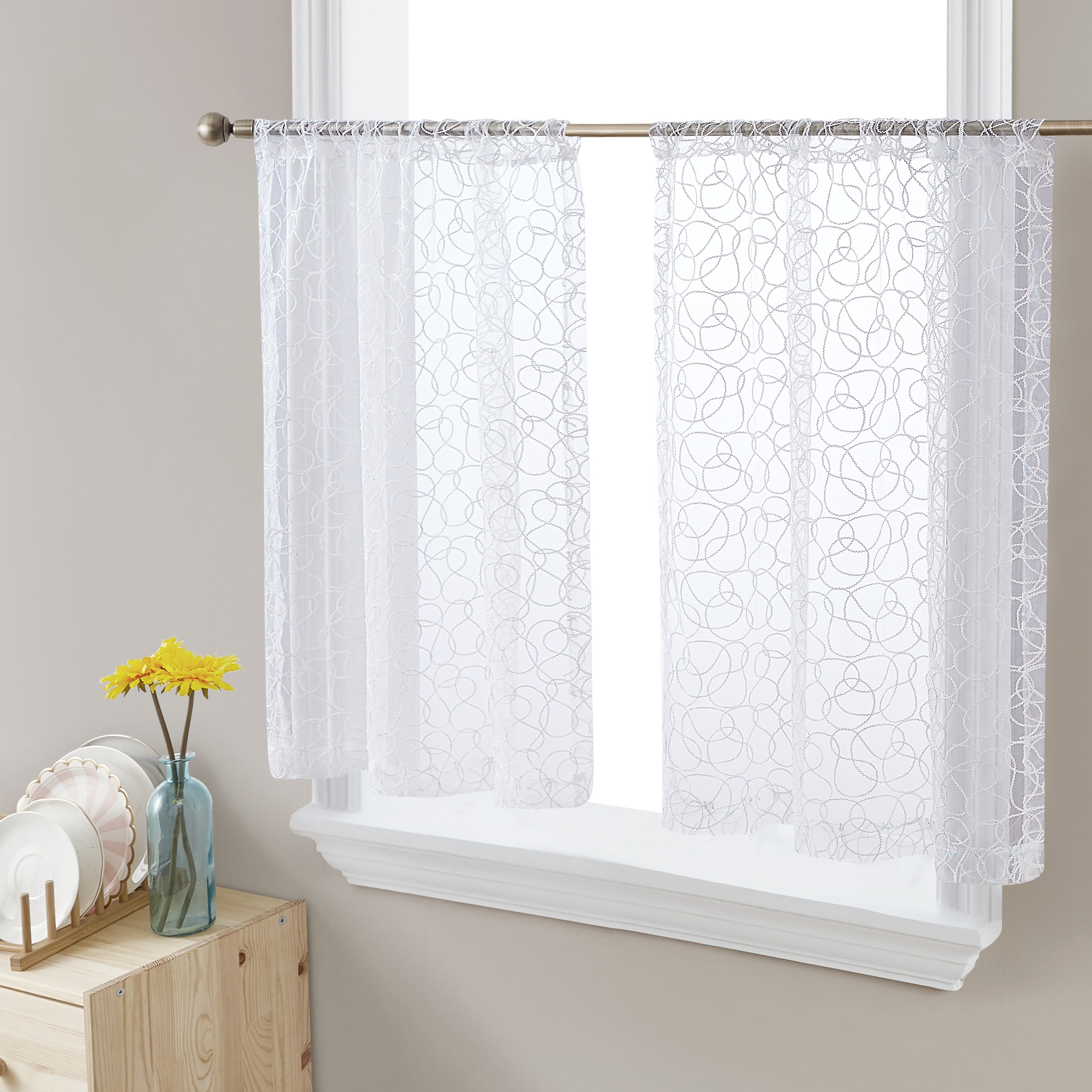 HLC.me Audrey Embroidered Sheer Voile Window Curtain Short Rod Pocket Tiers Valance Kitchen, Small Windows and Bathroom