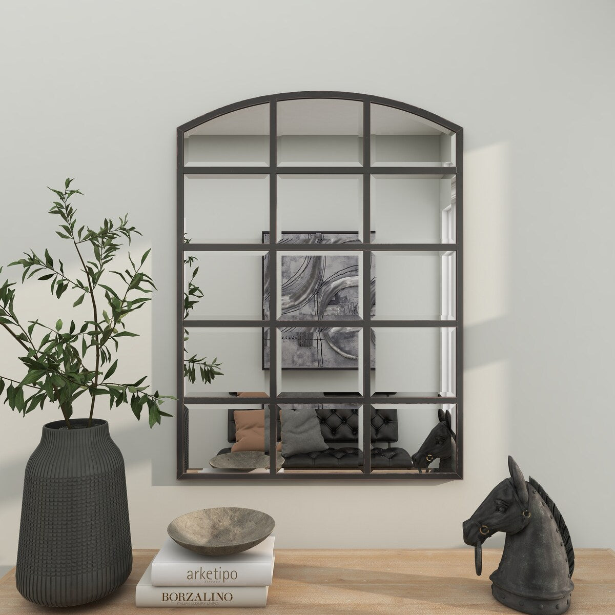 Metal Window Pane Inspired Room Wall Mirror with Arched Top - Roche River Decor