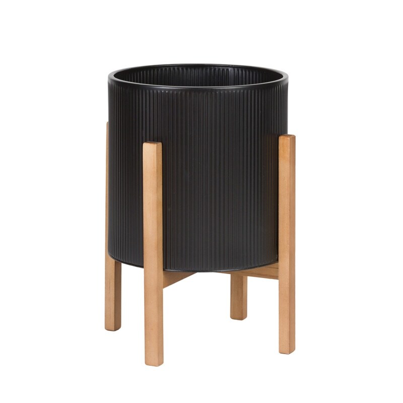 Everett Black Mid-Century Modern Indoor Metal Pot Planter with 4-Leg Wood Base