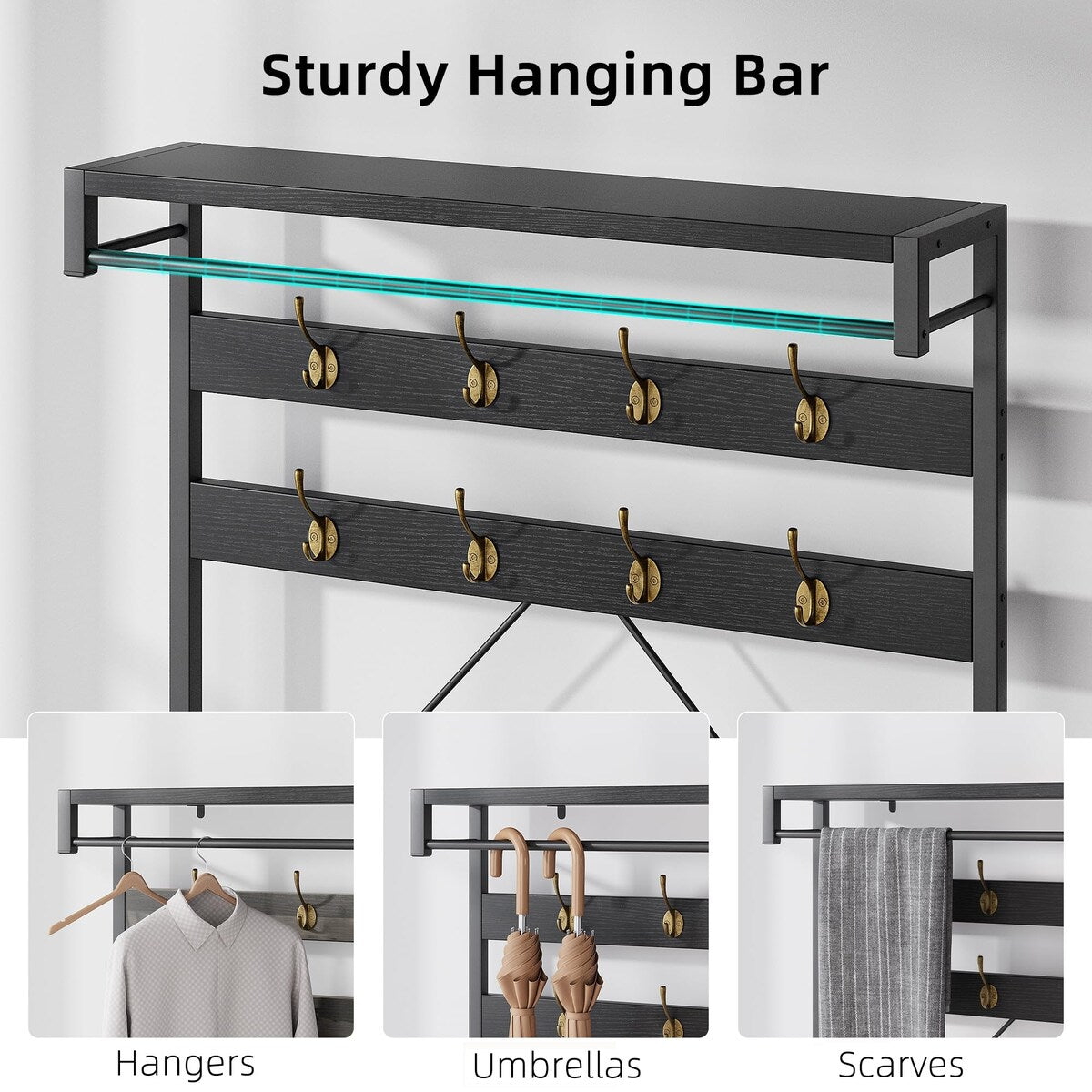 Industrial Entryway Coat Rack with Shoe Bench 3-in-1 Functional Hall Tree