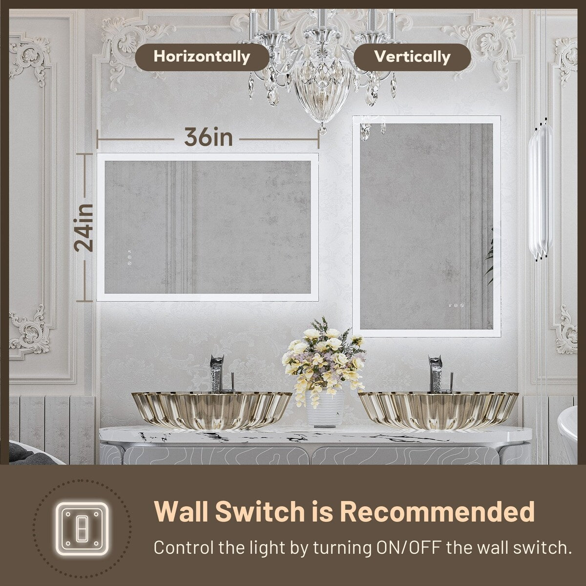 Keonjinn Smart LED Frontlit & Backlit Bathroom Vanity Wall Mirror, 3 Colors, Acrylic Edge, Anti Fog, Radar Sensor, Dimmable