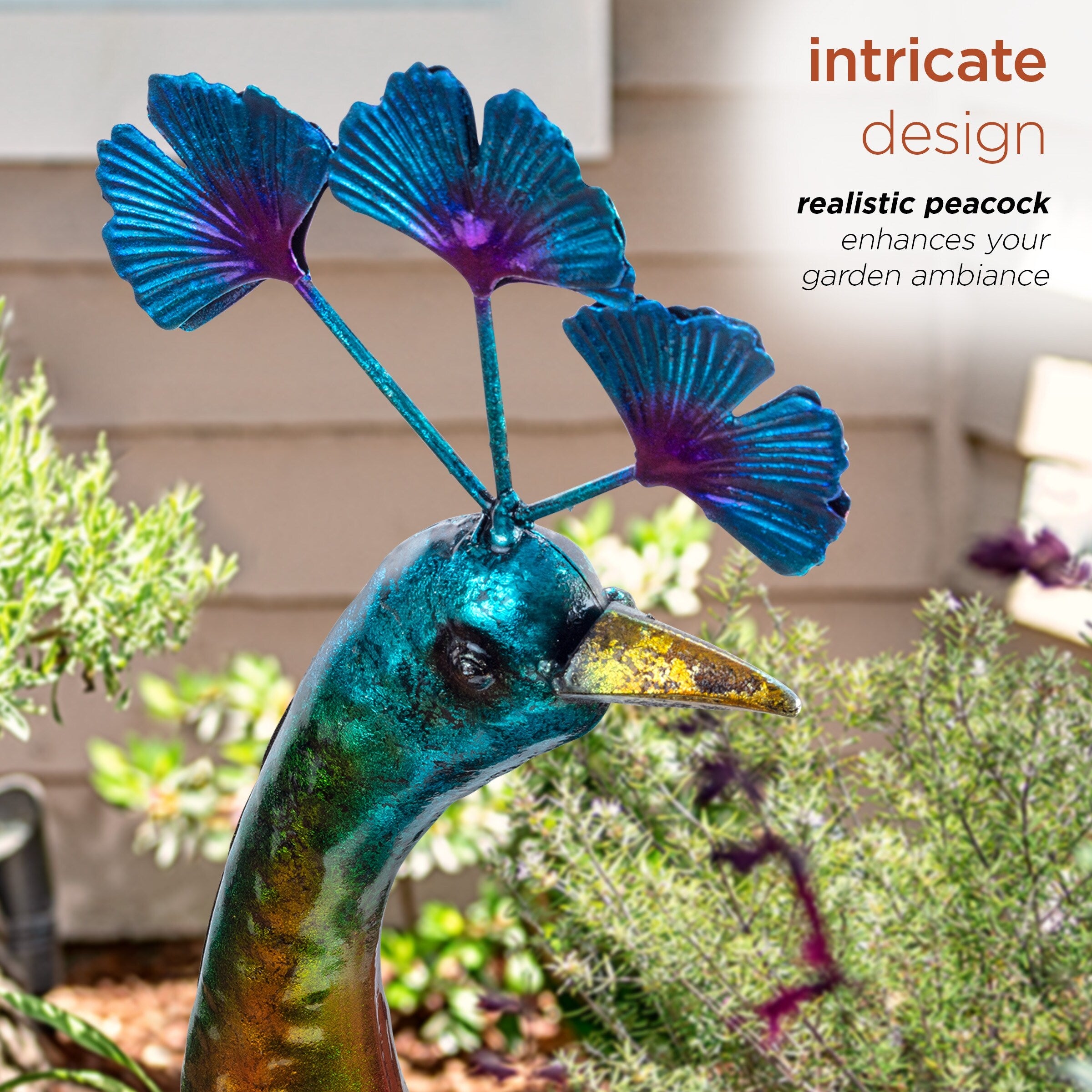 Alpine Corporation 23 Tall Outdoor Metallic Peacock Tail Spread Yard Statue Decoration, Multicolor