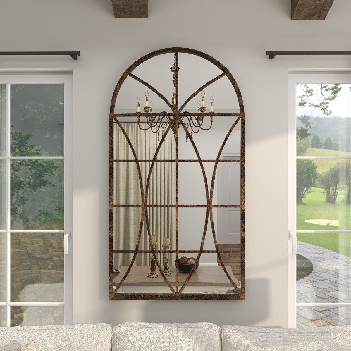 Metal Window Pane Inspired Room Wall Mirror with Arched Top - Brown - Roche River Decor