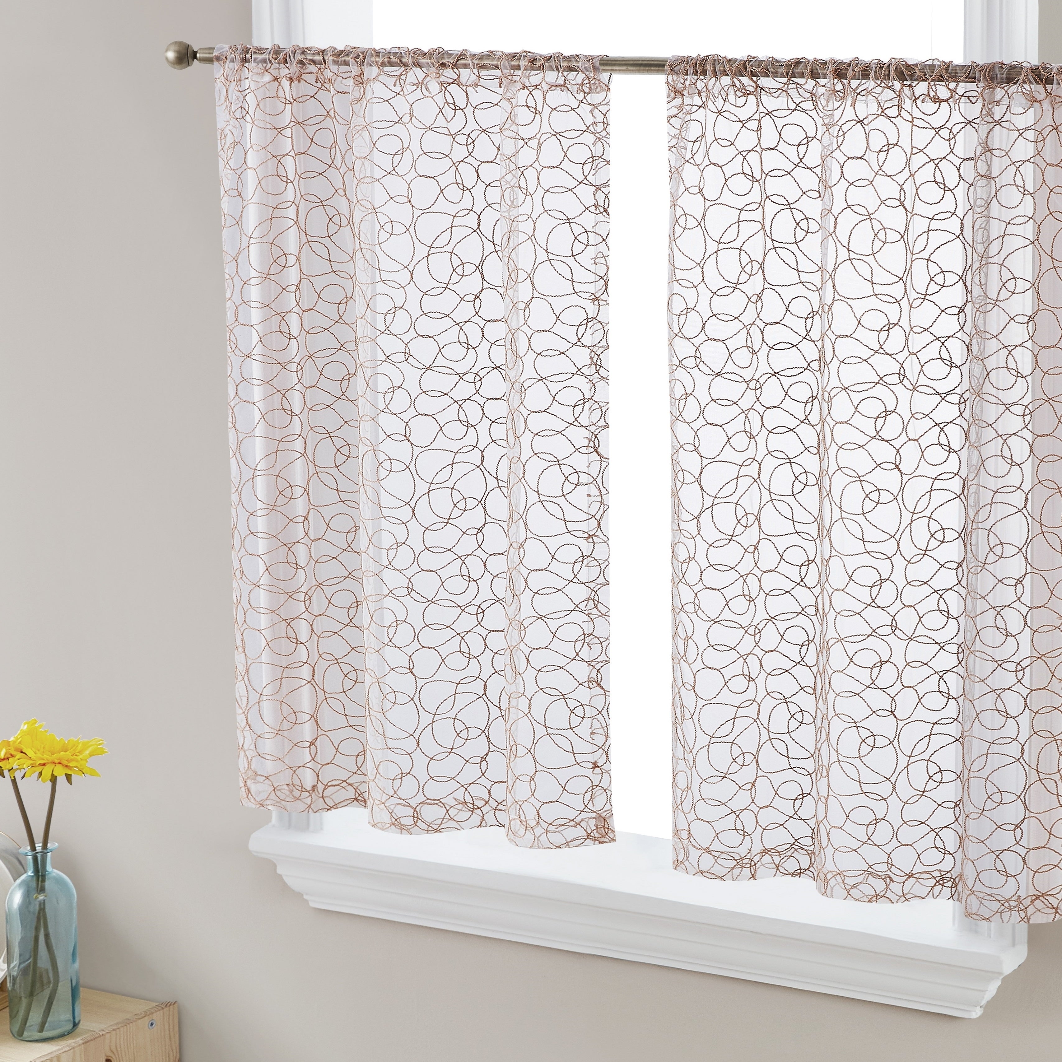 HLC.me Audrey Embroidered Sheer Voile Window Curtain Short Rod Pocket Tiers Valance Kitchen, Small Windows and Bathroom