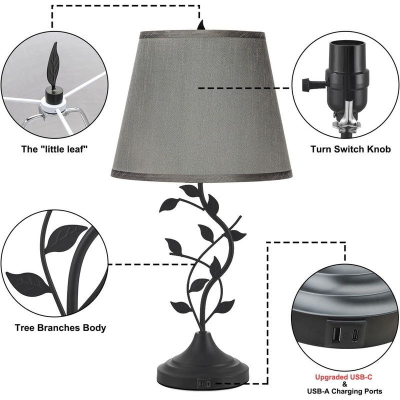 Traditional Tall Vintage Table Lamp USB Rechargeable Nightstand Light - 9.8D x 9.8W x 24.4H