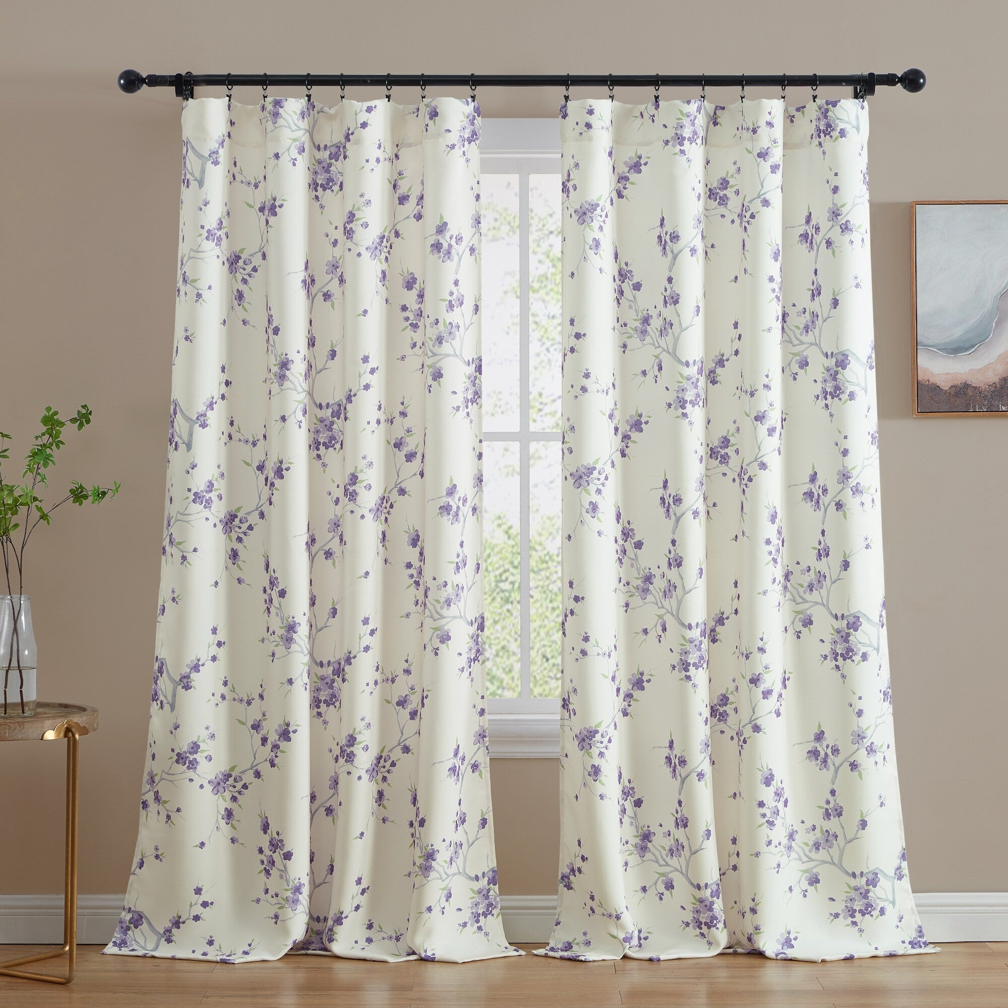 HLC.me Jasmine Floral Light Blocking Curtain Rod Pocket Pole Top Panels - Set of 2