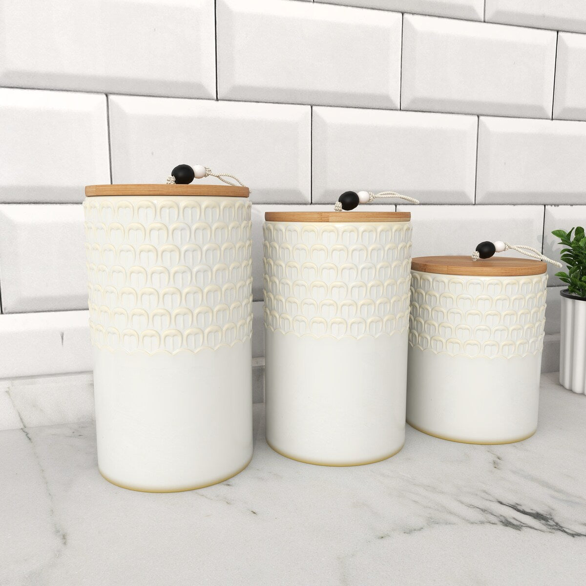 Ceramic Textured Living Room Decorative Jars with Wood Lids and Beaded Accents - Set of 3 White - Roche River Decor