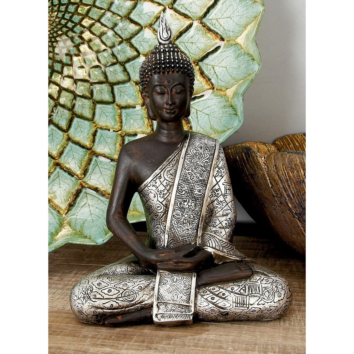 Polystone Buddha Meditating Decorative Sculpture with Engraved Carvings and Relief Detailing - Black - Roche River Decor