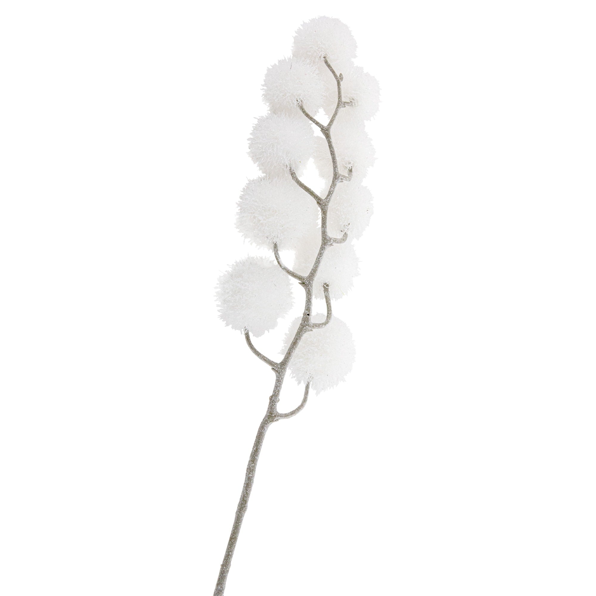 24 White Glittered Pom Pom Artificial Christmas Spray