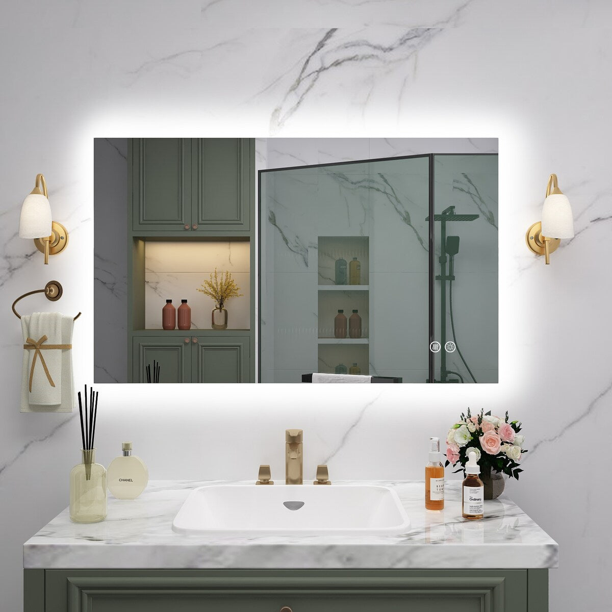 KIOTEE LED Bathroom Mirror Rectangular Frameless Super Bright Backlited LED Anti-Fog Tempered Glass Wall Bathroom Vanity Mirror