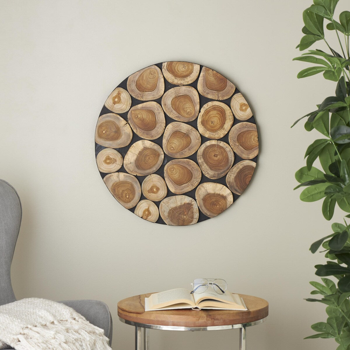 Teak Wood Abstract Handmade Round Mosaic Inspired Wood Slab Home Wall Decor with Black Backing - Brown - Roche River Decor