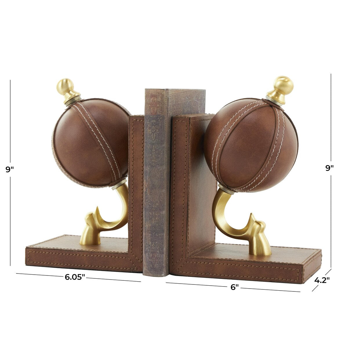 Leather Globe Handmade Stitched Decorative Bookends with Brown Wood Base - Set of 2 Brown - Roche River Decor