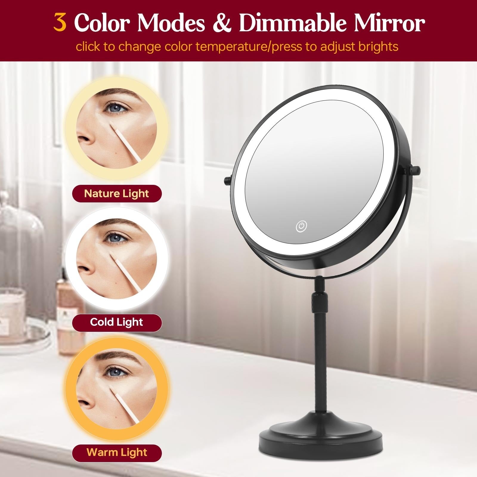 9 LED Lighted Makeup Mirror,Double Sided Magnification Mirror with 1X/10x Magnification,3 Lighting Color