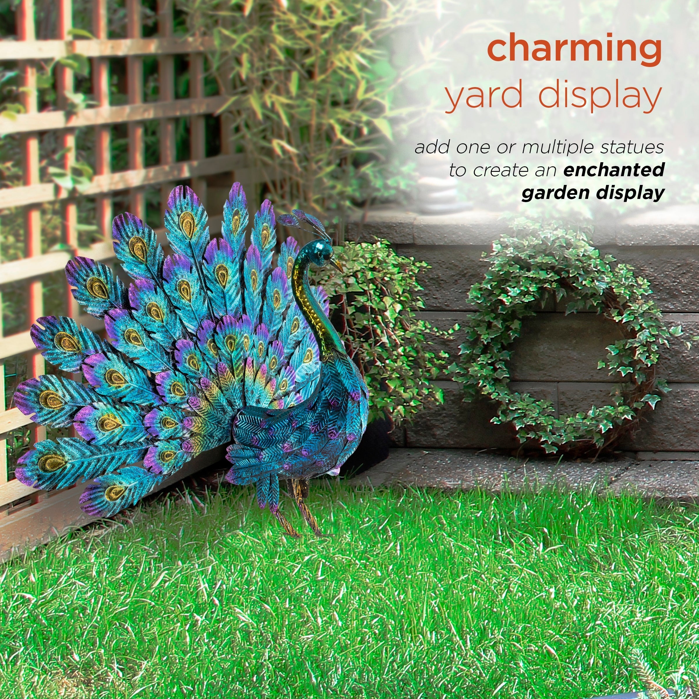 Alpine Corporation 23 Tall Outdoor Metallic Peacock Tail Spread Yard Statue Decoration, Multicolor