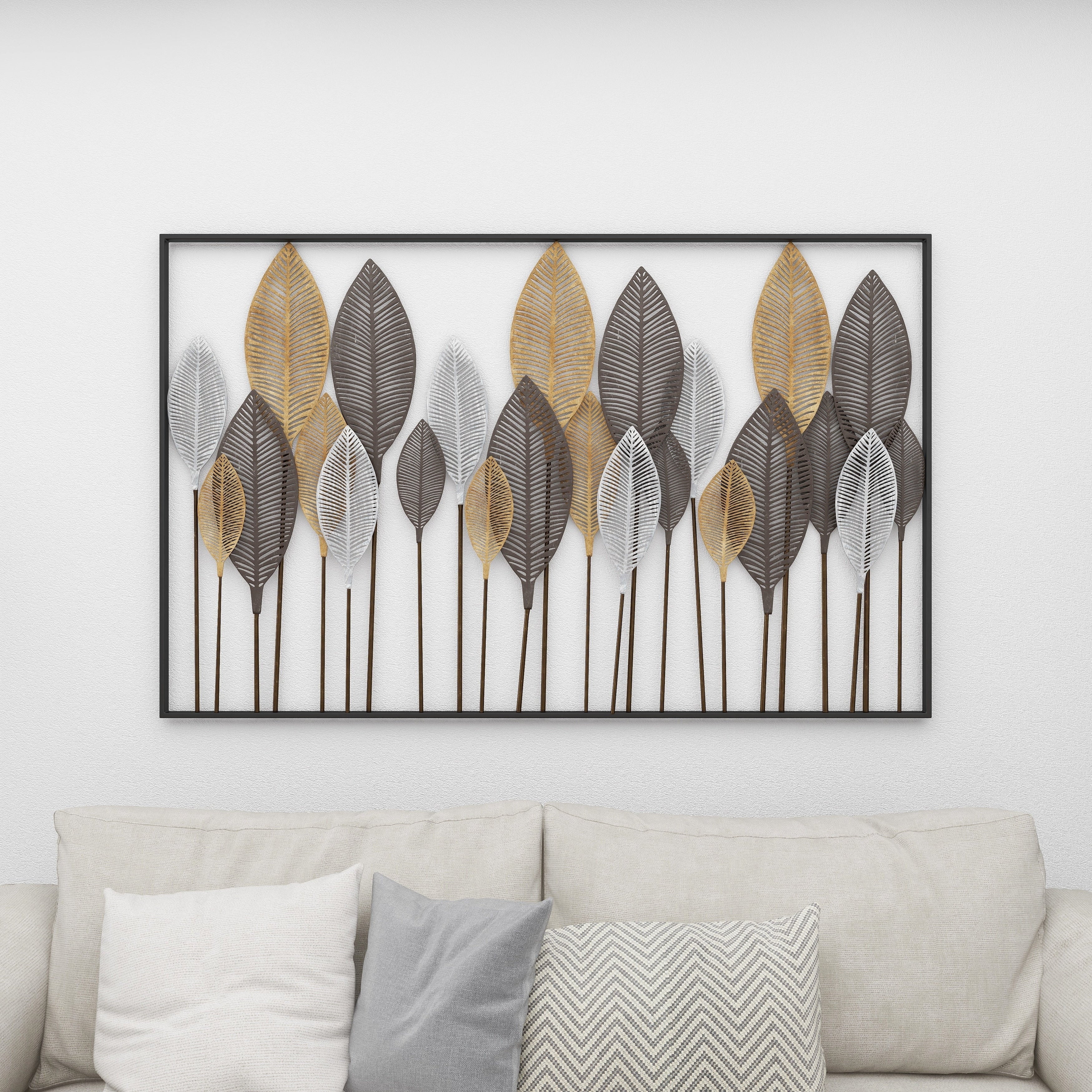 Contemporary Metal Tall Cut-Out Leaf Wall Decor with Intricate Laser Cut Designs - Bronze, Gray, Brass