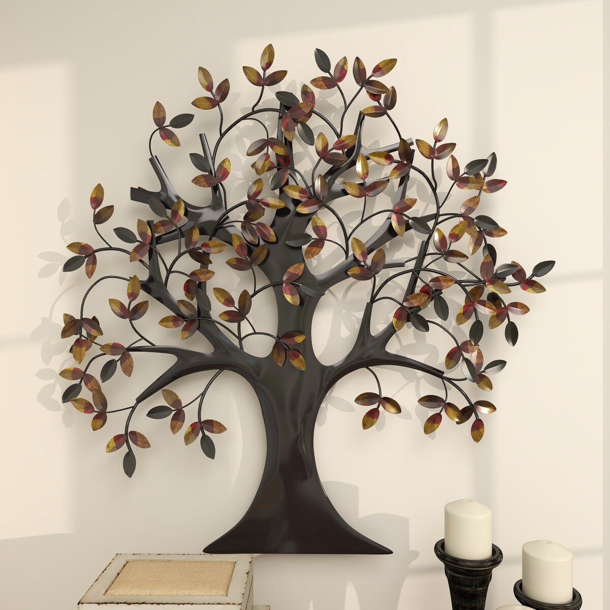 Metal Tree Indoor Outdoor Home Wall Decor with Leaves - Brown - Roche River Decor