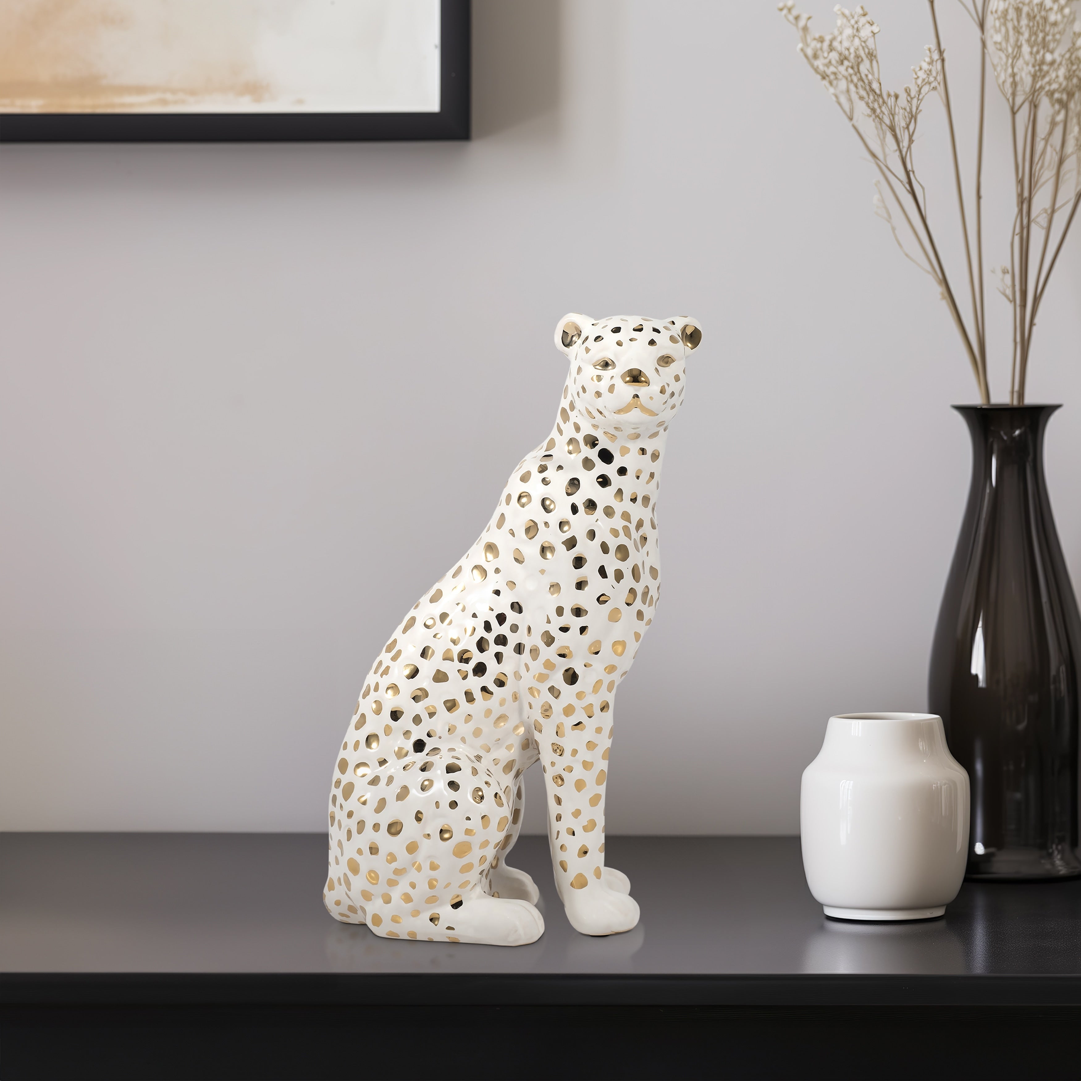 Sagebrook Home 11 Sitting Leopard Sculpture Contemporary Glam Ceramic White and Gold Decorative Animal Figurine - 7 x 4 x 11