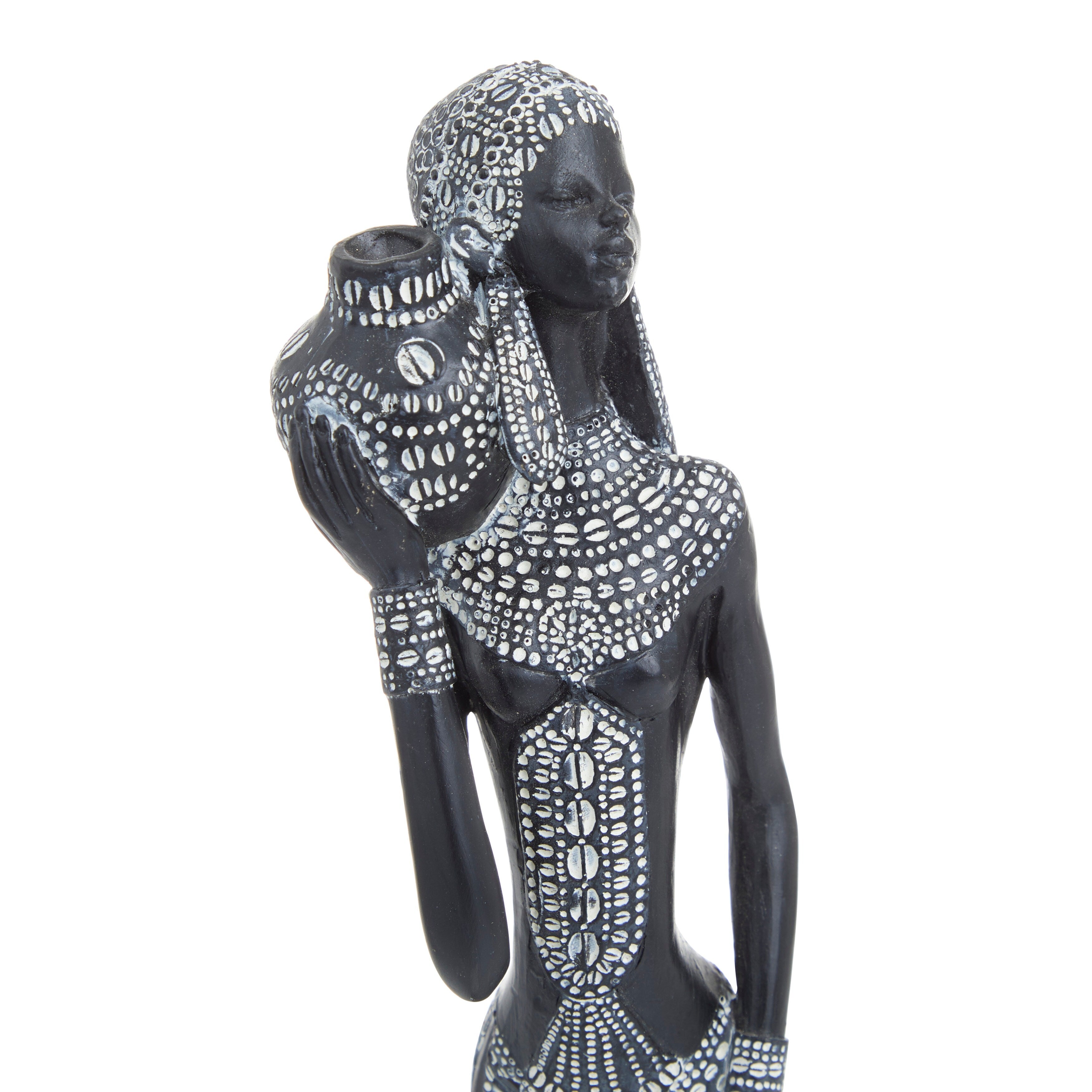 Black Polystone Standing African Woman Decorative Sculpture with Intricate Details (Set of 2) - 3 x 3 x 14