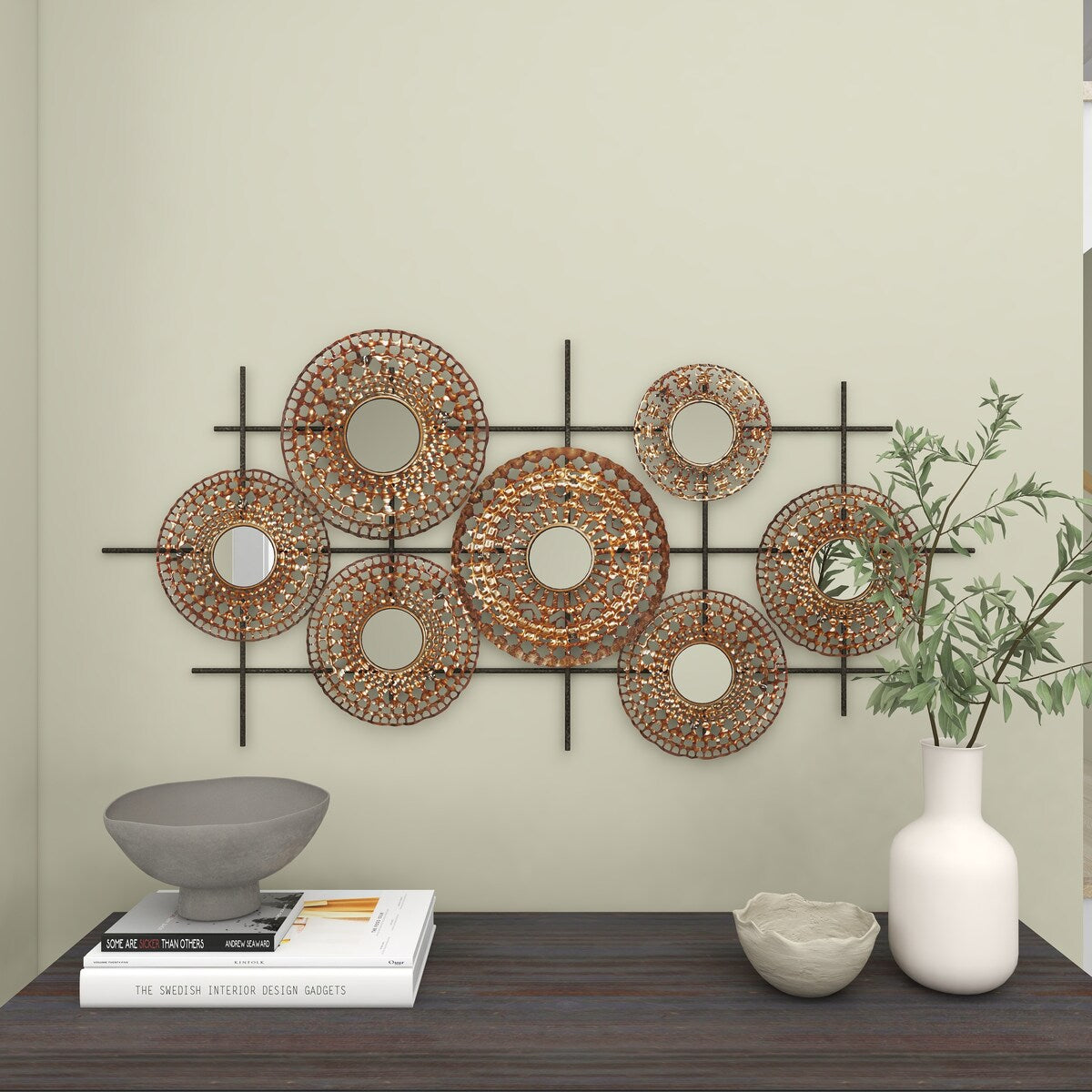 Metal Plate Home Wall Decor with Round Mirrored Accents - Brown - Roche River Decor