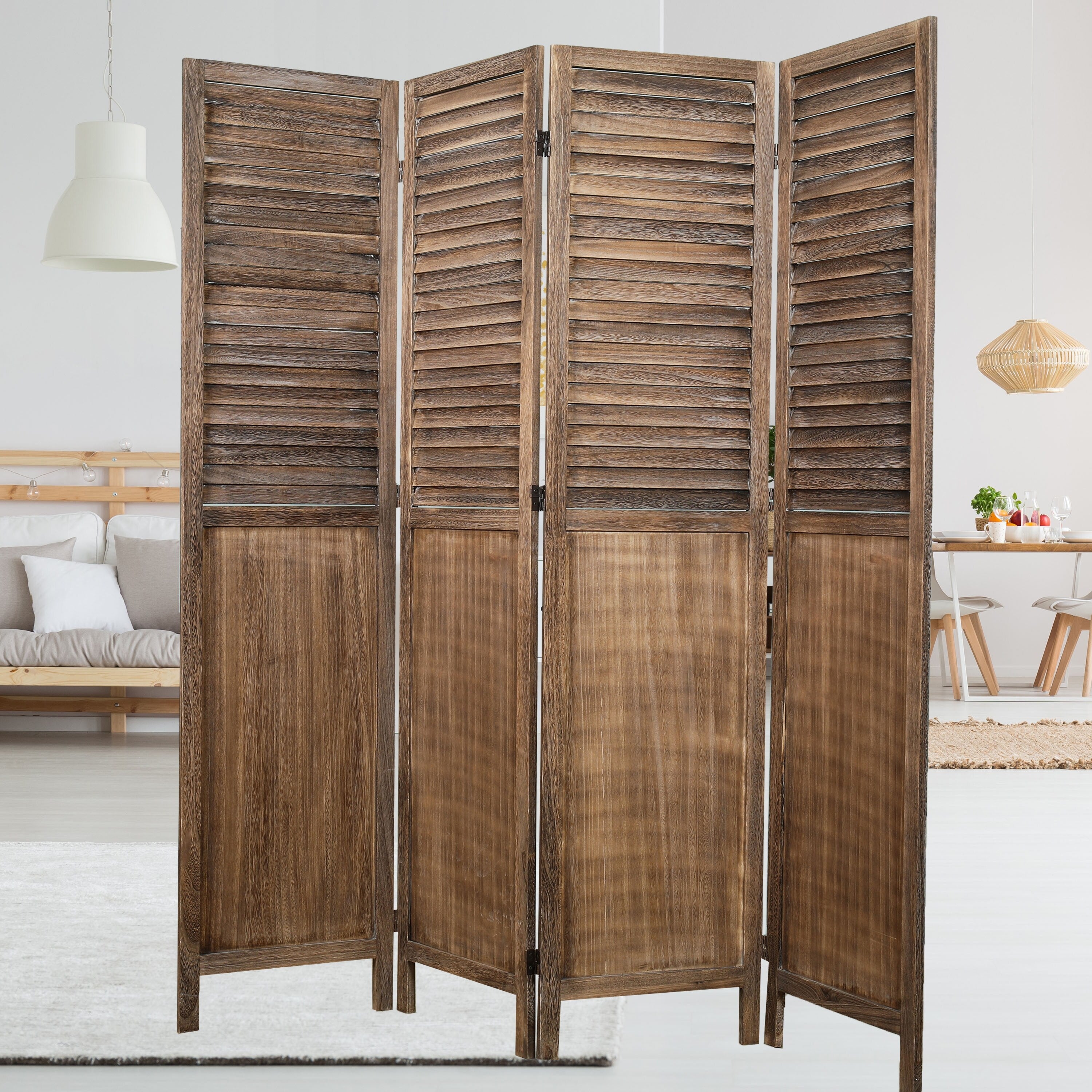 Proman Products Rancho Shutter 4 Panel Room Divider , Folding Screen, Privacy Screen, Paulownia Wood, Rustic Brown