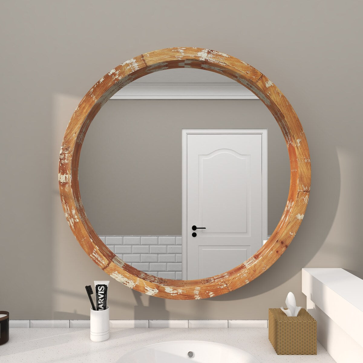 Wood Room Wall Mirror with Cream Distressing - Brown - Roche River Decor