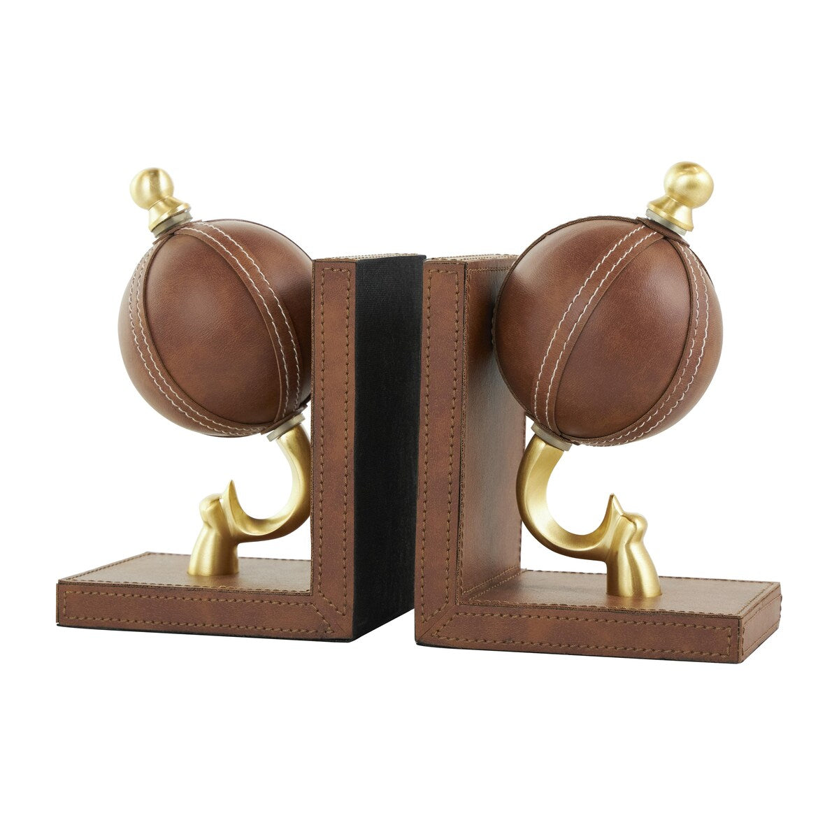 Leather Globe Handmade Stitched Decorative Bookends with Brown Wood Base - Set of 2 Brown - Roche River Decor