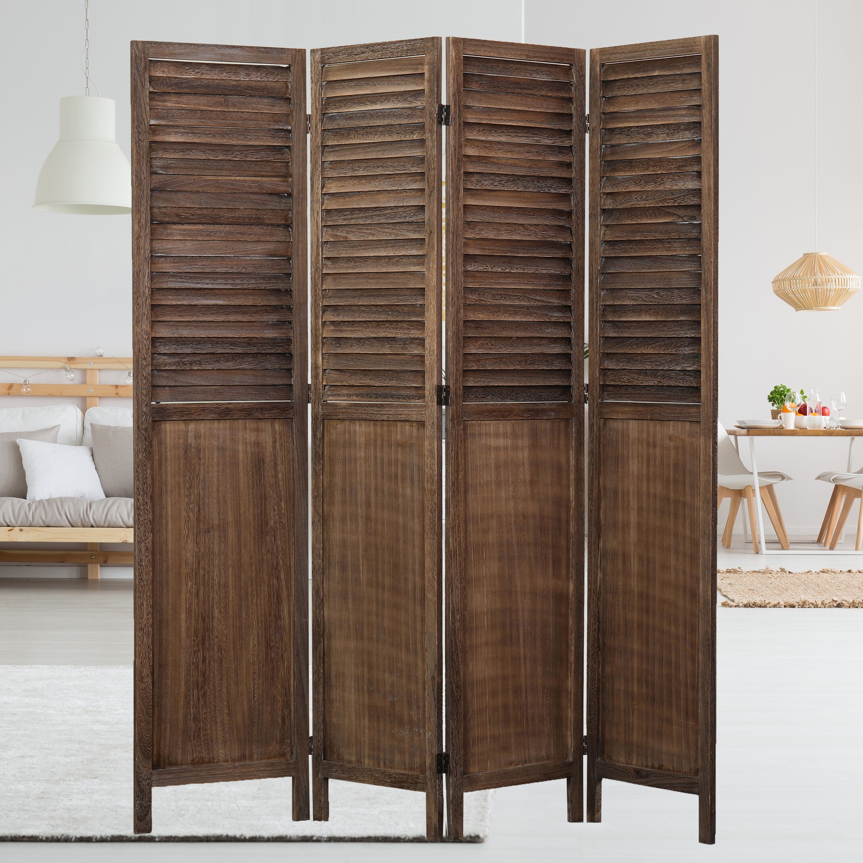 Proman Products Rancho Shutter 4 Panel Room Divider , Folding Screen, Privacy Screen, Paulownia Wood, Rustic Brown