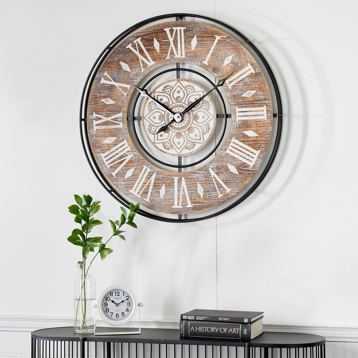 Metal Decorative Wall Clock with Wood Accents - Brown - Roche River Decor