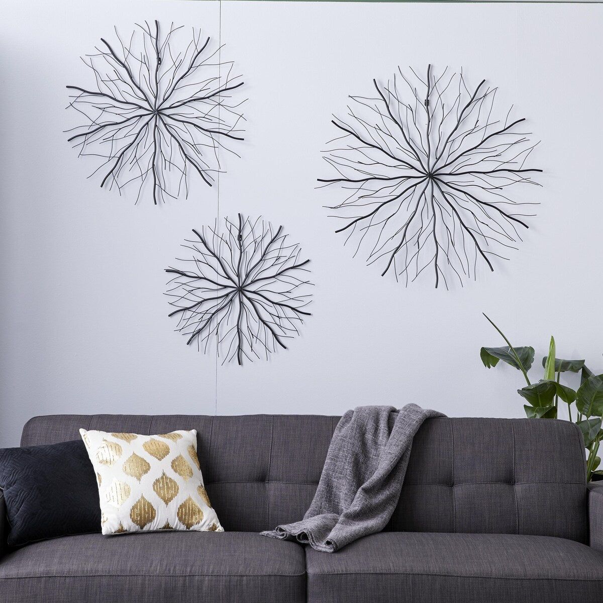 Metal Starburst Home Wall Decor with Branch Inspired Design - Set of 3 Black - Roche River Decor