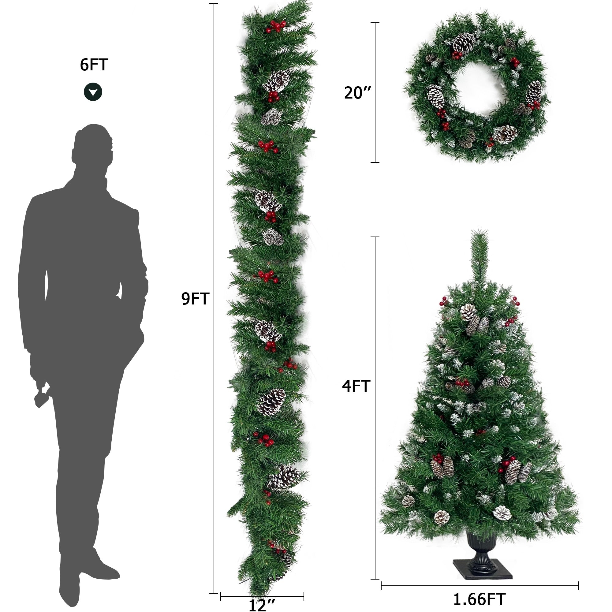 Artificial Christmas 4-Piece Set,Garland, Wreath and Set of 2 Entrance Trees X-mas with LED Lights, Christmas Tree