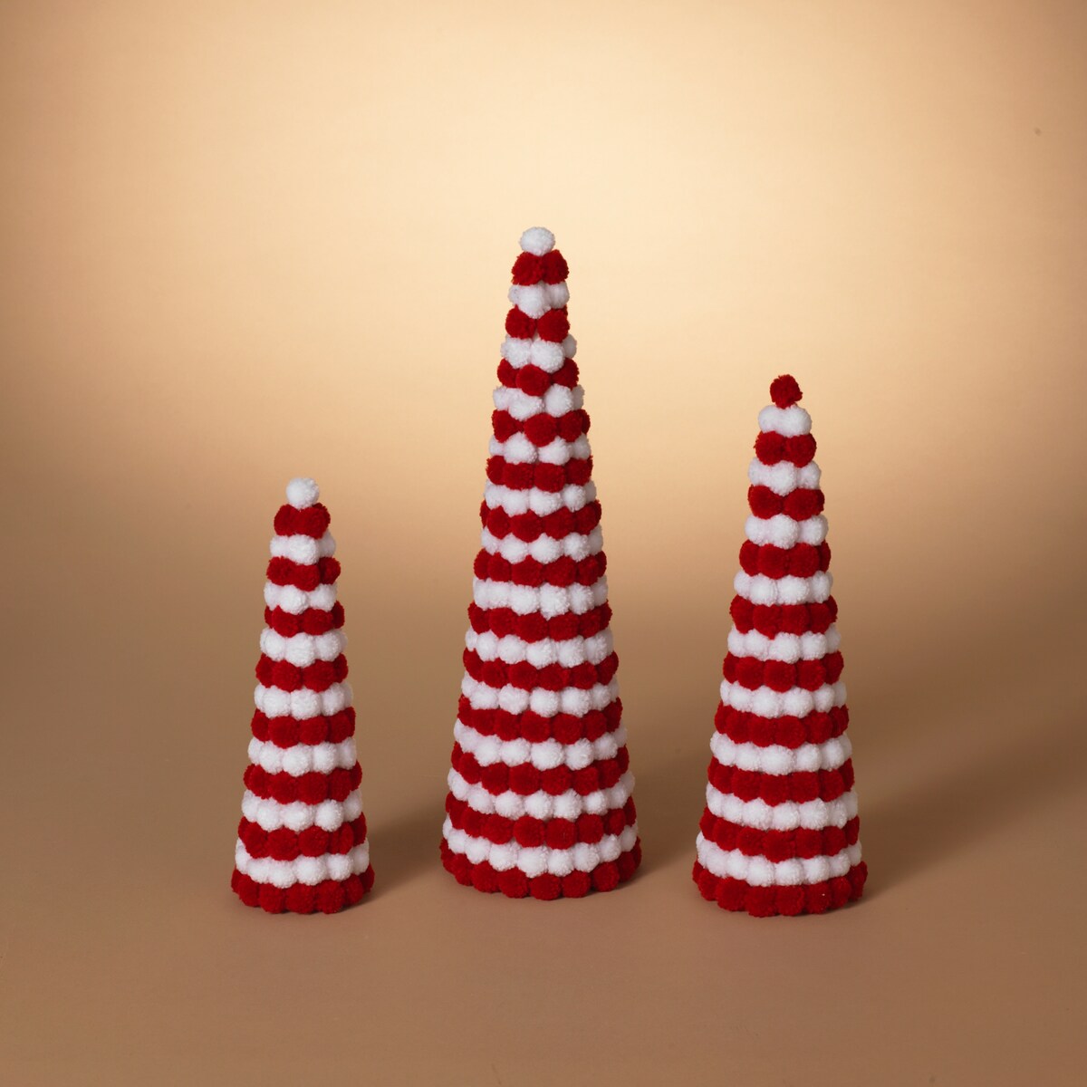 Set of 3 Red and White Festive Holiday Pom Pom Trees