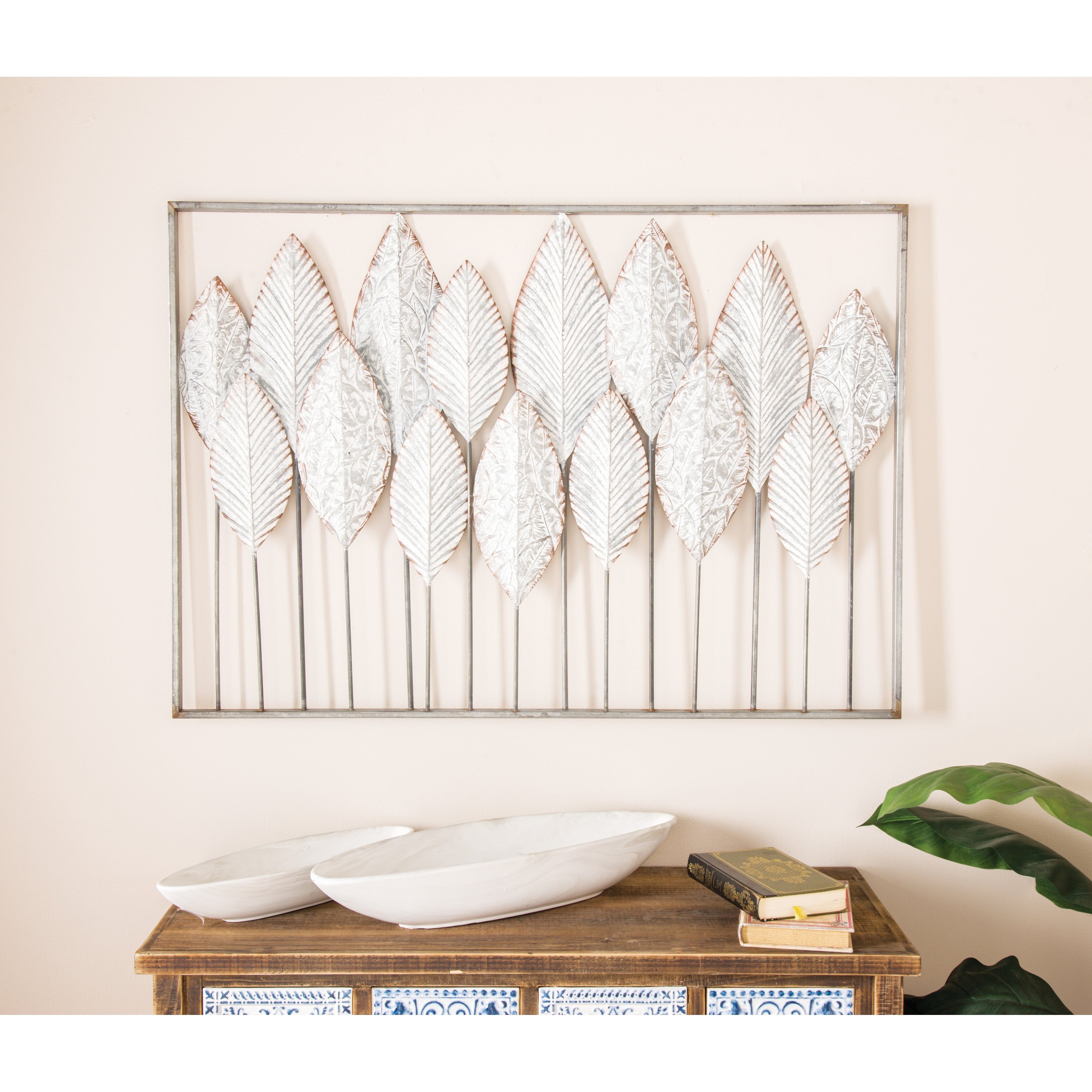 Contemporary Metal Tall Cut-Out Leaf Wall Decor with Intricate Laser Cut Designs - Bronze, Gray, Brass